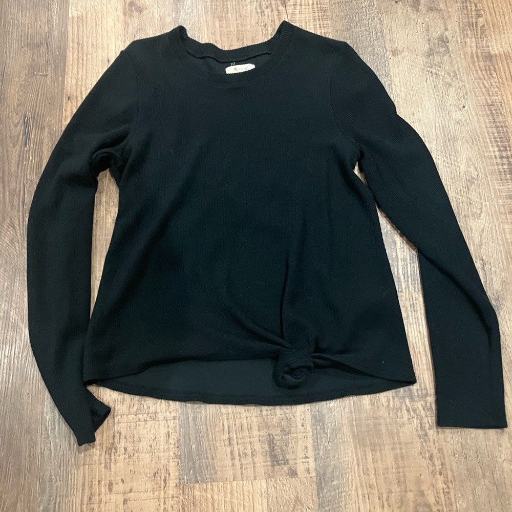 Madewell Texture & Thread Jacquard Knot-Front Top Black Ribbed